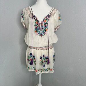 Blue Boheme Everly Embroidered Short Dress Floral Details Boho Festival Bohemian